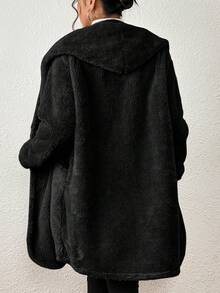 Women's Faux Fur Coat With Hood And Thick Pocket - Classic Black - View 4