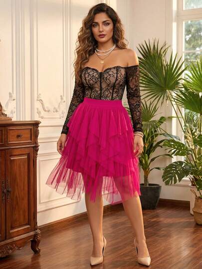 大码女式纯色荷叶边下摆休闲百搭约会外出A字裙