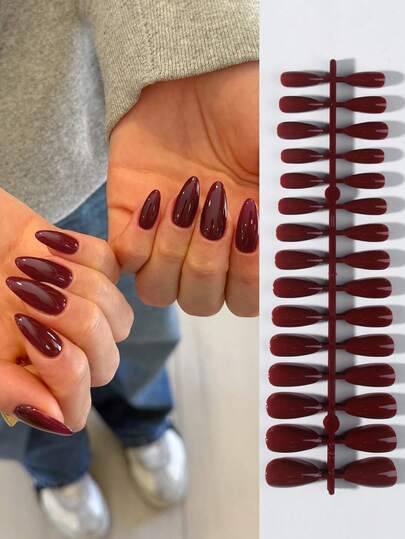 150片短款杏仁形酒红色美甲贴片，短款经典设计，包含1片果冻胶和1个指甲锉，可重复使用，适合日常生活和工作DIY。