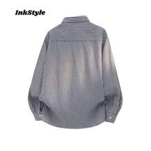 InkStyle メンズ 2026 春夏新作 日系レトロ ストライプシャツ 長袖 オーバーサイズ 高級感 リラックスカラー 縦ストライプ カジュアル アウター - ライトグレー - チェックする 3