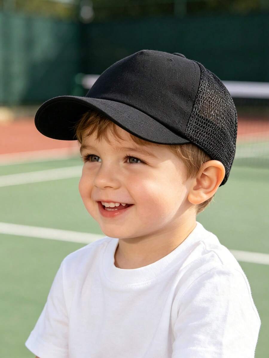 1 pieza Gorra de béisbol de unicolor con orejeras para niños, sombrero de malla ajustable para el sol para niños pequeños, adecuado para uso al aire libre, playa, uso diario - Negro - Ver 1