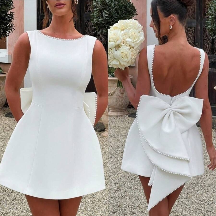 Pink Sleeveless A-Line Backless Evening Gown With Pearl Trim And Oversized Bow Design, An Elegant Formal Dress For Women, Perfect As A Wedding Guest Dress, Party Dress, Or Dating Outfit. - trắng - Xem 1