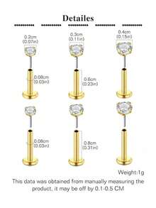 3对14K镀金CZ内螺纹平底耳钉，不锈钢低过敏性唇鼻钉，鼻孔、耳屏、耳廓软骨穿孔饰品，男女通用，返校日常佩戴 - 如圖所示 - 查看 6
