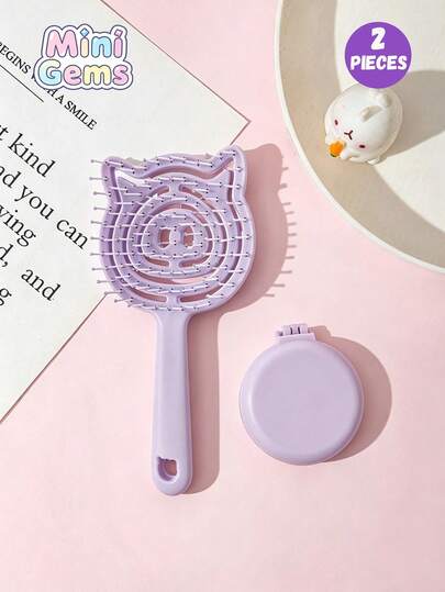 2pcs Children's Casual Style Macaron Rose Solid Color Airbag Small Comb And Folding Mirror Comb Set, ABS Handle, Used For Hairstyles, Salons, Hairdressers, Hairbrushes, Combs, Hair Accessories, Hair Products And Salon Accessories, Beauty Travel Essentials