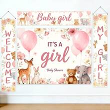 Decoraciones para baby shower, pancarta para fiesta de revelación de género, fondo para dar la bienvenida a una bebé niña, póster de bendición para baby sprinkle, colgante de pared con animales para bautizo - Multicolor - Ver 2