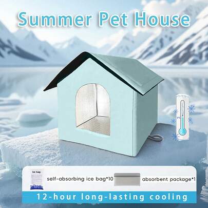 Cooling Cat House Dog Kennel, 12H Long Lasting Summer Pet Cooling Bed With Self-Absorbing Ice Packs, 3-Layer Insulated Portable Cat Shelter For Indoor Outdoor, Cool Pet House For Cats Small Dogs