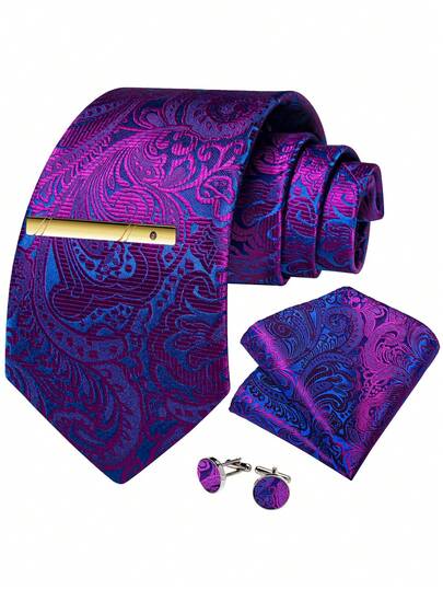 Bộ cà vạt nam Jacquard màu tím họa tiết Paisley – Bao gồm khăn cài túi áo, khuy măng sét và kẹp cà vạt vàng, cà vạt trang trọng cho các dịp lễ hội.