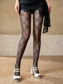 1 Pair Black Diamond Bow Jacquard Unique Geometric Pattern Fishnet Stockings, Sexy Daily Wear - Multicolor - View 2