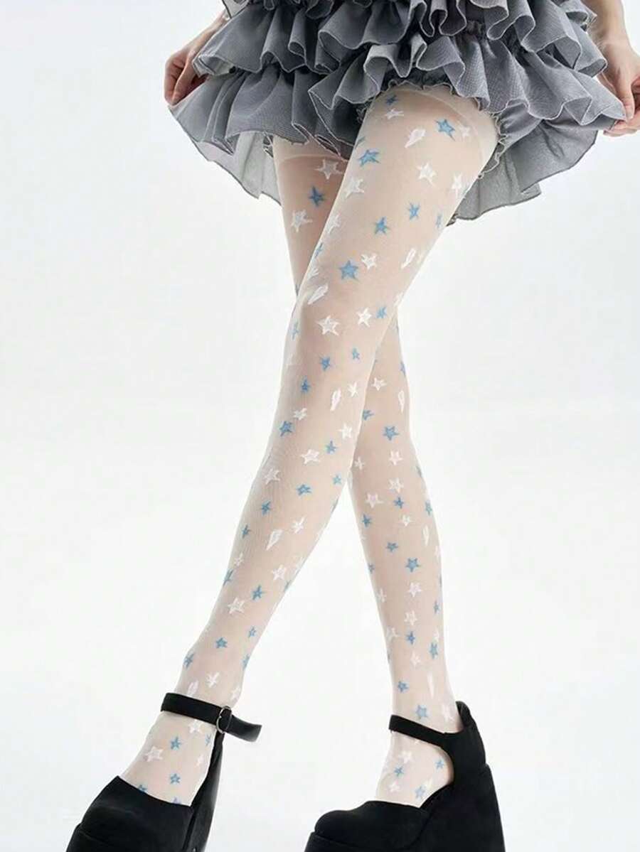 1件春夏轻薄浪漫白蓝星形提花连裤袜，少女风女款 - 彩色 - 查看 1