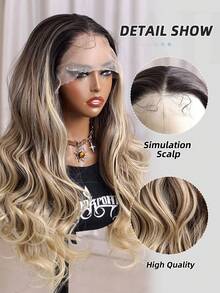 13X4 Frontal Lace Women's Wig, 22 Inches Long,Curly Wave Design, Including Baby Hair That Can Be Split Into Medium, Partial, And Free Parts, Naturally Cute, Made Of Imported Japanese Silk Material, Soft And Comfortable, Heat-Resistant - Blonde Ombre - View 7