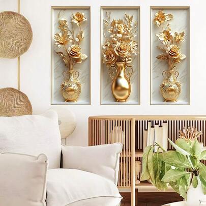 Bộ 3 miếng dán tường hình bình hoa vàng sang trọng, chống thấm nước, tự dính, phù hợp trang trí phòng khách, phòng ngủ và nhiều mục đích khác trong nhà.