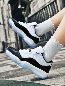 Men's Basketball Sneakers, Black Patent Leather Shoes, Chunky Sole, Casual Athletic Shoes, Non-Slip Outsole, Retro Low Top, Street Style, Breathable Upper, Daily Wear, Color Block - trắng đen - Xem 7