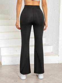 Quần ống loe cạp cao màu trơn thời trang nữ, quần legging tập luyện ôm sát màu trơn, chất liệu vải dệt kim, phù hợp cho tập thể dục và mặc thường ngày, màu đen. - màu đen - Xem 5