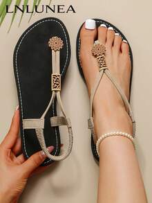 Sandalias de dedo para mujer con decoración floral bohemia en gris, elegantes zapatos planos de verano para la playa - Gris - Ver 5