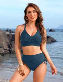 Women's High Waisted Bikini Sets, Crisscross Tie Back Drawstring Tummy Control Two Piece Swimsuits Bathing Suit - 藍色 - 查看 2