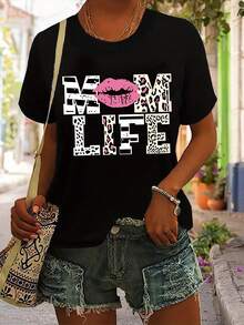 Mom Life Print Short-Sleeved Round Neck T-Shirt-X - Black - View 1
