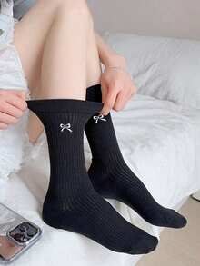 5双装 女士可爱蝴蝶结中筒袜 卡通动漫时尚舒适长袜 黑白灰三色袜 - 彩色 - 查看 4