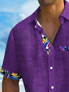 Floral Partial Print Men's Button Pocket Short Sleeve Hawaiian Shirt - Purple - View 3