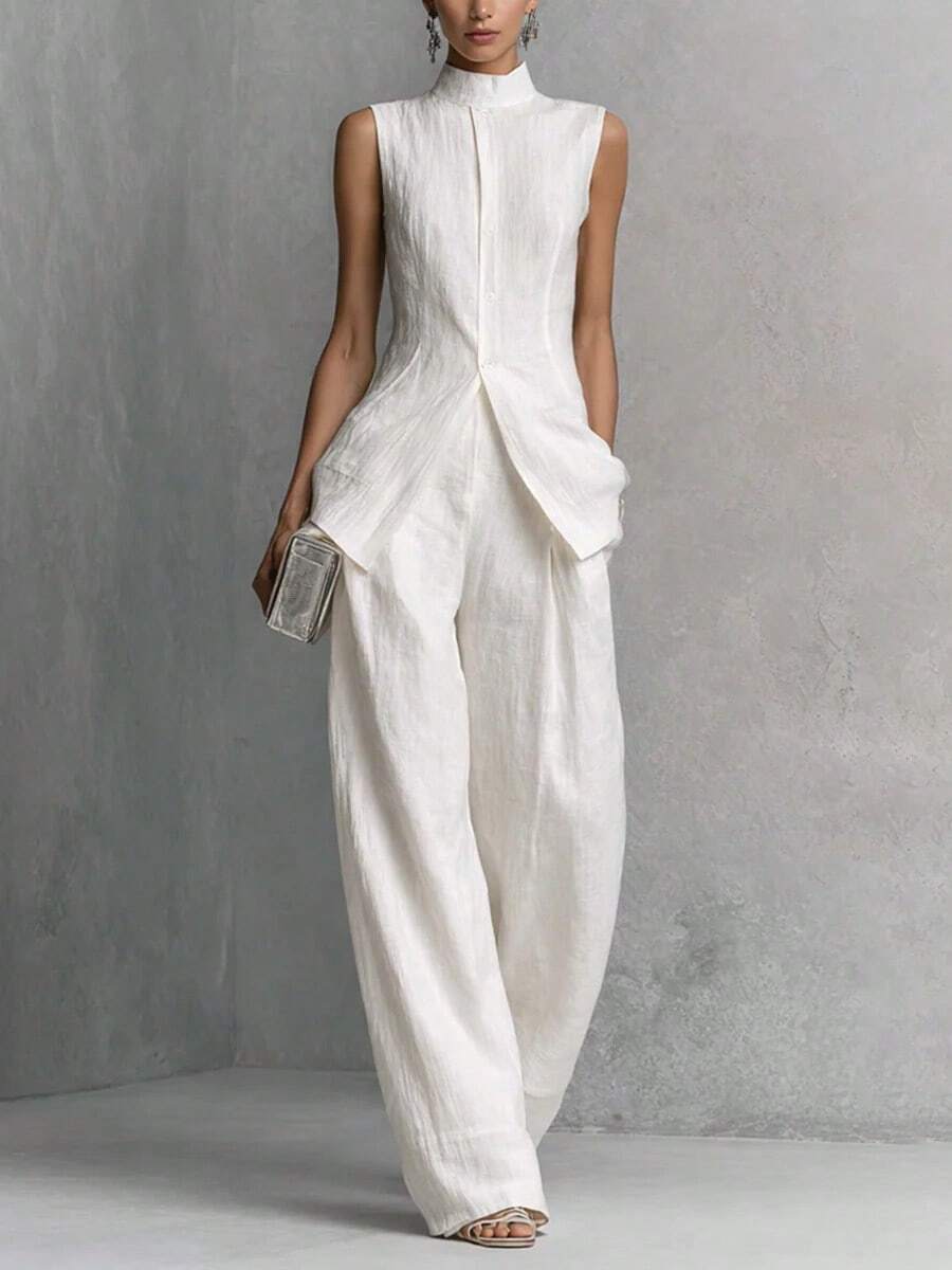 Stand Collar Sleeveless Top With Half-Buttoned Front, Cinched Waist, And Asymmetrical Hem + High-Waisted Wide-Leg Pants Two-Piece Set For Women |   Minimalist And Sophisticated Style, Perfect For Everyday Outings & Office Commutes, Suitable - White - View 1