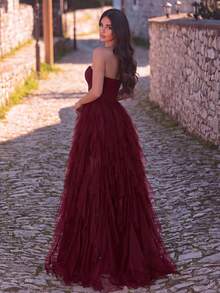 Faeriesty Women's Elegant Strapless Floor-Length Formal Dress, Featuring Lace Details And Multi-Layered Delicate Tulle Skirt - An Ideal Choice For Weddings, Formal Galas, Parties, Celebrations, And Summer Vacations Party Spring - Burgundy - View 3