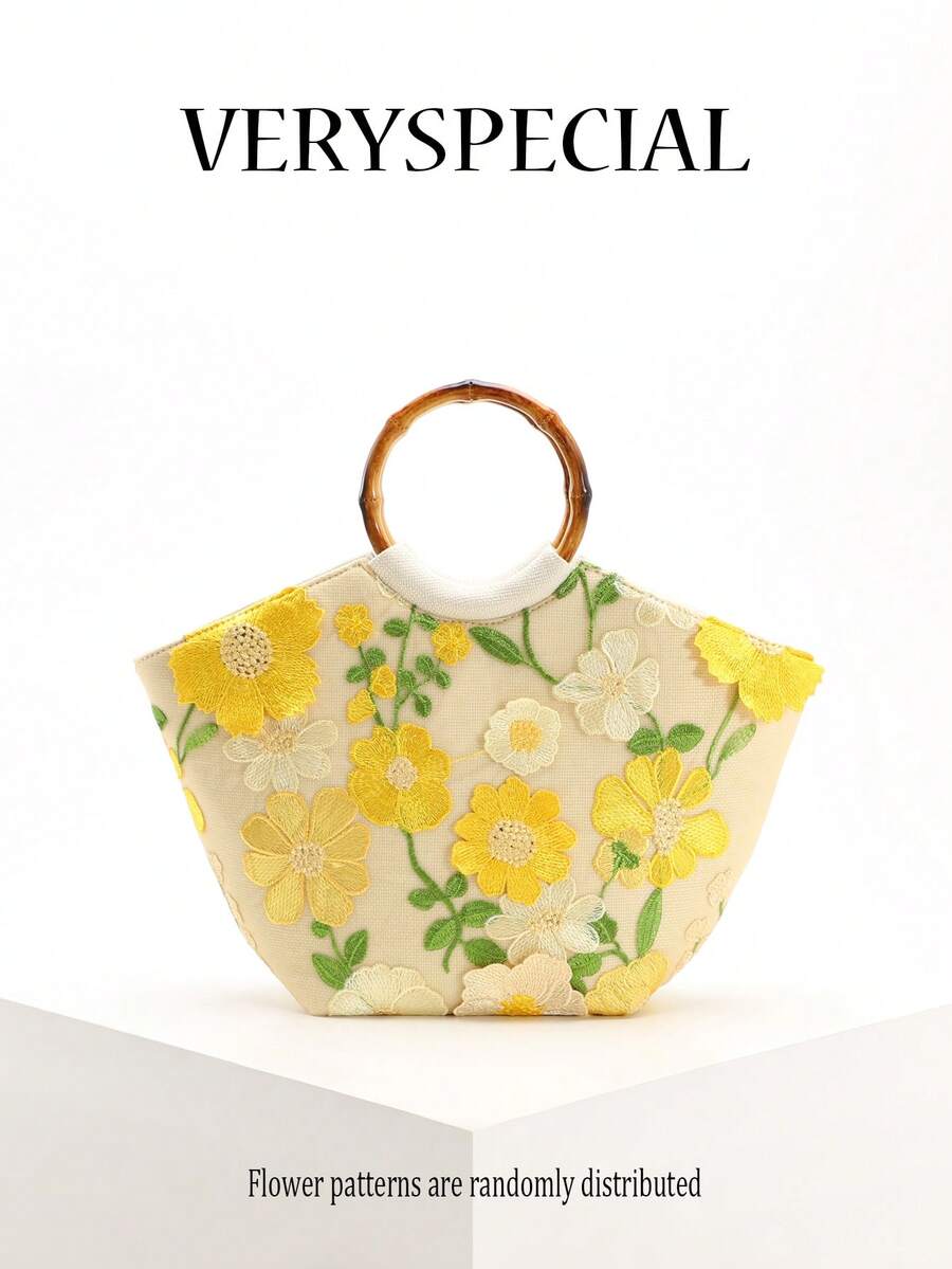 Colorblock Mesh Applique Embroidery Linen Tote Bag, Fresh & Fashionable Floral 3D Decor Vintage Bamboo Handle Tote Bag, Suitable For Dress, Beach, Travel & Leisure, Women - Yellow - View 1