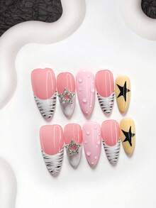 10Pcs Childlike Fun Style Handmade Nail Art Set,Polygel Nail Set,3D Silver Glittering Five-Pointed Star Nail Art Accessories,Hand-Painted Black Five-Pointed Stars, Black Branch Textures, And Solid Color Teardrop Nail Art Decorations,White, Yellow,Pink Nail Polish,Comes With Nail Tools(1 Sheets Jelly Stickers+1PC Nail File)3 Sizes Available,Almond Nails, Duck Nails,Coffin Nails,Nail Sets Suitable For Dates, Vacations, Commuting, Everyday Wear - Nhiều màu - Xem 13