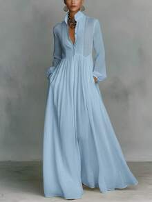 Elegant French-Style Dress For Women, Fitted, Long-Sleeved, Plain Emerald Green, High Neck And Raglan Sleeves, Ideal For Vacation - 淺粉色 - 查看 7