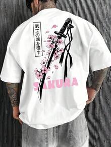 Men's Oversized Polyester T-Shirt, Samurai Sword Print On The Back, Harajuku Hip-Hop Style For Summer. - White - View 9