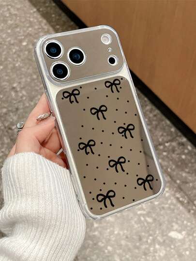 1个黑色蝴蝶结波点镜面手机壳，透明软边防摔保护套，可爱少女设计，带化妆镜，兼容 11/12/13/14/15/16/16 Plus/17/17 Pro/17 Pro Max，日常通勤及送礼佳品，手机配件