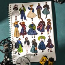 (6 styles aléatoires) 1 paquet de 20 autocollants de personnages vintage, autocollants décoratifs créatifs, matériaux de décoration DIY pour scrapbooking, cadeau de vacances, fournitures scolaires personnalisées pour scrapbooking - cercle de mode rétro - Voir 3
