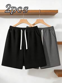 2件/組 男士寬鬆休閒彈性腰抽繩短褲，透氣海灘短褲適合夏季，可作為送給男友或父親節的禮物 - 彩色 - 查看 5
