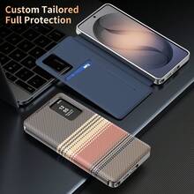 高级奢华凯夫拉纹理PU皮革翻盖保护套，智能视窗和卡槽设计，全方位防摔保护，兼容三星Galaxy S26 Ultra、S25 Ultra、S24 Ultra、S23 Ultra - 橘色 - 查看 6