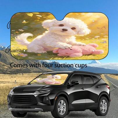 1 tấm che nắng hình chú chó hoạt hình, làm từ sợi polyester + chất liệu bong bóng, giúp giữ cho nội thất xe mát mẻ, bảo vệ nội thất xe khỏi ánh nắng mặt trời.