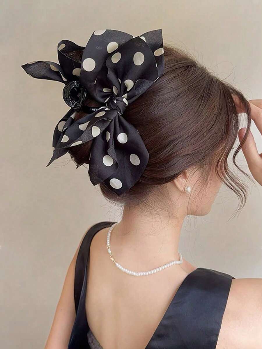 4/2/1pcs Black Polka Dot Mesh Bow Hair Clip, Autumn/Winter Gentle Elegant Claw Clip, Summer Beach Styling Essential Hair Accessory, Versatile Vacation Style Headpiece, Women's Hair Clip - Black - View 1