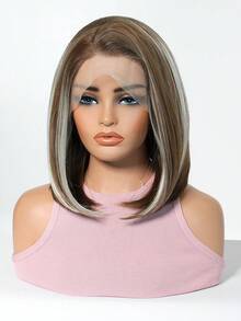 13*4 Lace Front Wigs Shoulder Length Short Straight Bob Wig For Women, Ombre Chestnut Brown With Platinum Blonde Highlights Synthetic Wig, Natural Looking Heat Resistant Wig For Daily Party 12 Inch - Blonde Highlight - View 5