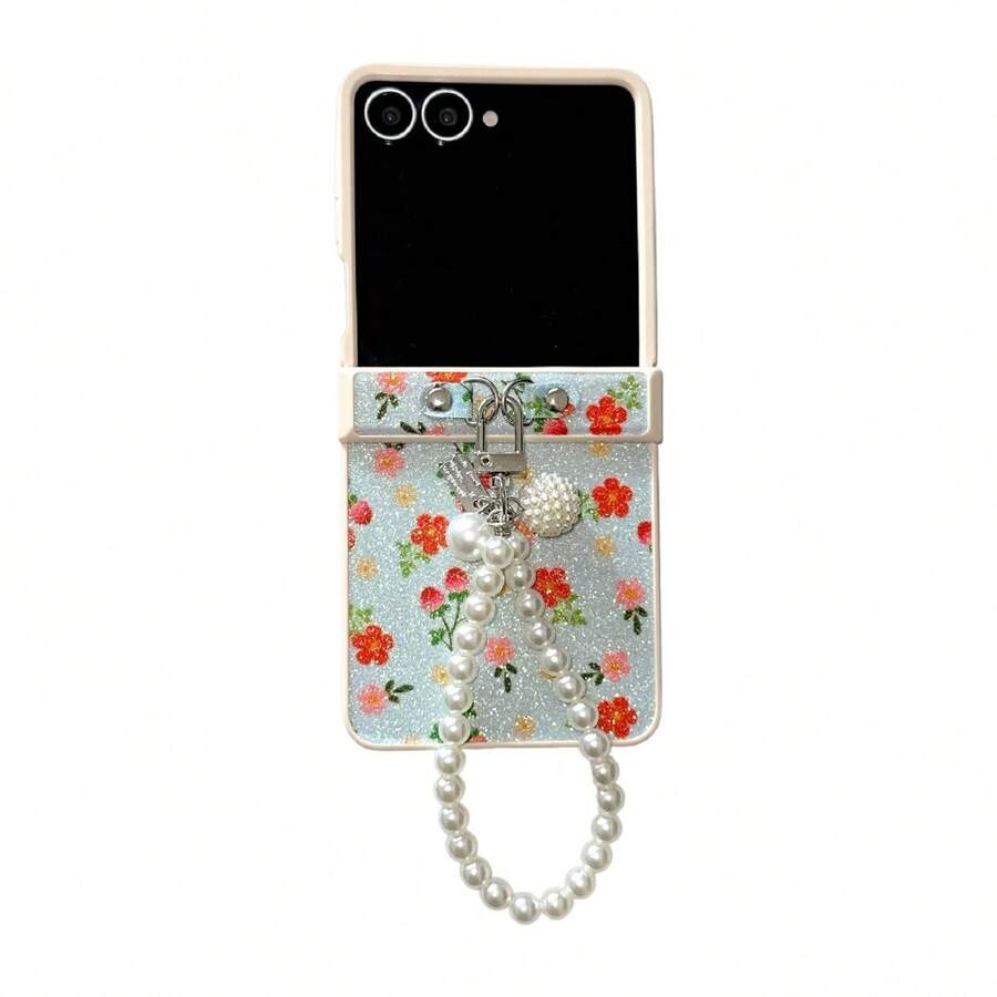Glitter Crushed Flower Galaxy Z Flip7 Foldable Phone Case, Pearl Chain Pendant Decoration, Cute & Delicate ZFlip6 Hard Shell Protective Cover, ZFlip5 Women's Wristlet, Anti-Drop Flip Cover