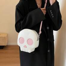Korean-Style Niche  Quirky Ghost Skull Crossbody Shoulder Bag, Soft PU Phone Pouch, Halloween Gothic Dark Crossbody Bag, Hand-Held Small Bag, Coin Purse, Phone Bag - 白色 - 查看 3
