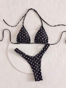 PEPPERMOLLY New Plaid Soft Tie-Neck Backless Cute Bikini, Summer Beach Fashion Women Swimwear Set Vacation Black, Vacationcore - Black - View 4
