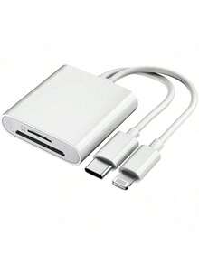 2合1 SD/TF 讀卡機，USB-C + Lightning 雙介面，高速傳輸，便攜式相機轉接器，相容 iPhone，支持美/歐/英/澳標準 - 白色 - 查看 11