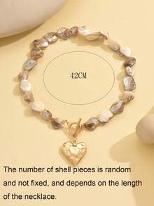 1pc Summer Ocean Style Natural Shell Beaded Necklace, Fashionable Gold Metal Heart Pendant Choker, Suitable For Daily Wear, Beach Travel, Dating, Photo Shoot. The Necklace Length Varies, And The Number, Pattern, And Size Of The Natural Shells Are Random. - Multicolor - View 5