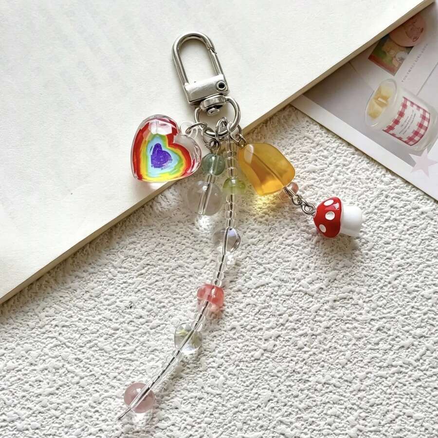 1个男女通用彩虹爱心蘑菇串珠手机挂件，可爱钥匙扣吊坠，配饰 - 彩色 - 查看 1