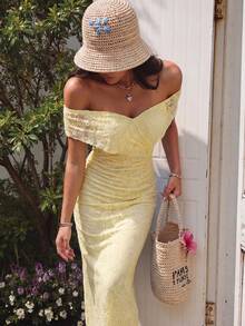 Women's Elegant Lace Ruched Slit Bodycon Open Shoulder Long Party Evening Dress, Suitable For Daily And Special Occasions Wedding Spring - Light Yellow - View 4