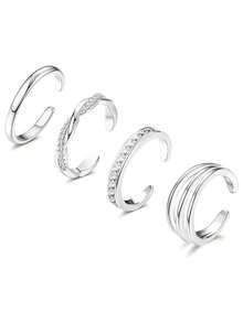 Bộ 4 nhẫn ngón chân, mạ vàng trắng, nhẫn ngón chân đơn giản kiểu ôm sát ngón chân, đính đá Cubic Zirconia, xoắn ba lớp, trang sức chân đi biển, có thể điều chỉnh kích cỡ. - Bộ 4 vòng chân - Xem 9