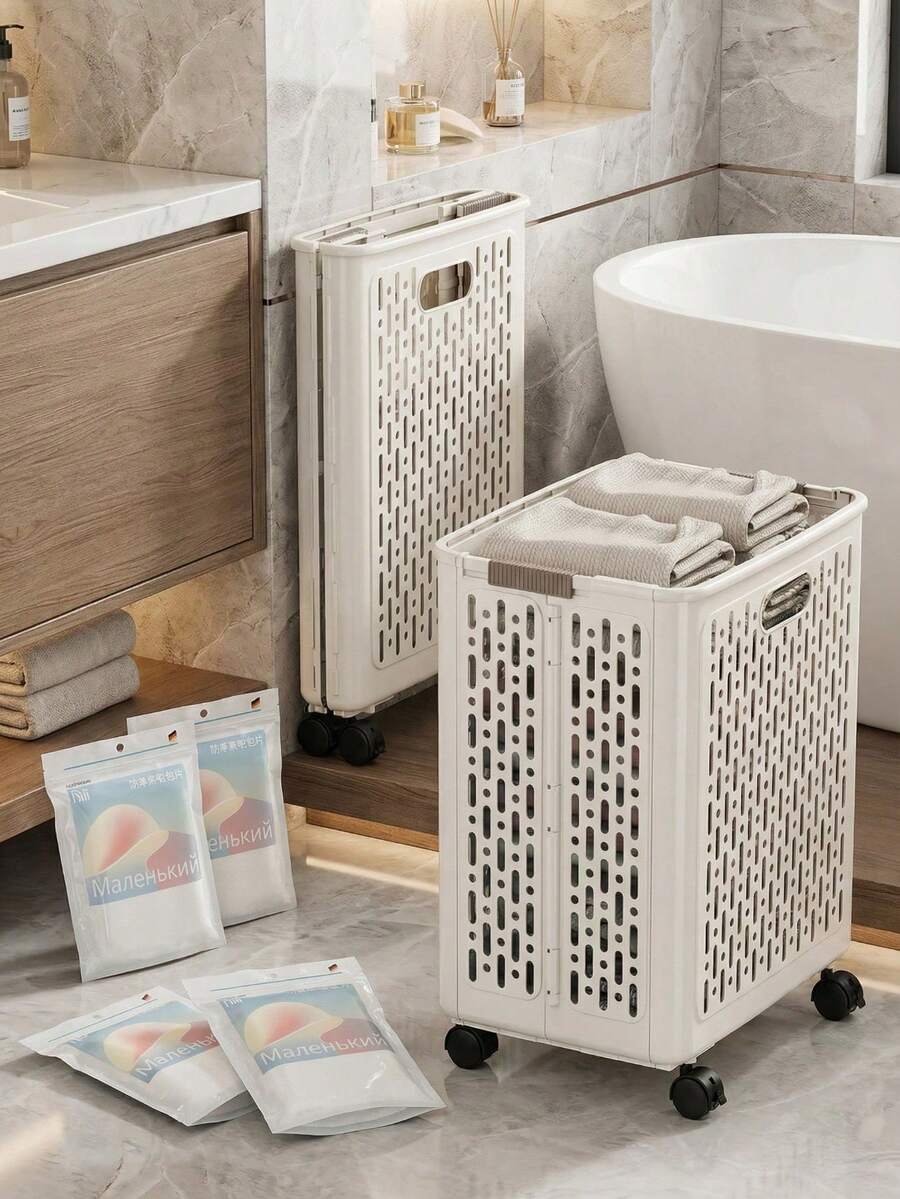 Large Foldable Wheeled Laundry Basket, Ceramic White, Pale Yellow, Multi-Functional Storage Container, Houndstooth Pattern Storage Bag, Dirty Clothes Basket, Fragrance Sachet, Absorbent Paper, Suitable For Storing Clothes And Miscellaneous Items, Especially Suitable For Bathroom, Balcony And Home Organization.