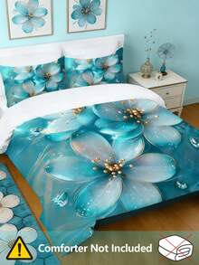 Blissful Bedding 三件套雨滴蓝花卉图案被套组，包含 1 个被套和 2 个枕套，采用 100% 涤纶面料，高清印花，柔软舒适，适用于卧室、客房、度假和露营。 - 彩色 - 查看 2