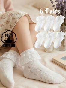 6 Pairs Children Cotton Lace Trim Princess Double Layer Floral Dance Ankle Socks - White - View 7