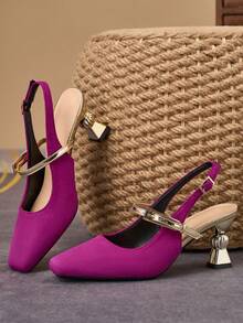 7cm Bright Fuchsia Square Toe Chunky Heel Mules Sandals, Gold Asymmetric Heel, Elegant Women Shoes For Summer - Hot Pink - View 6