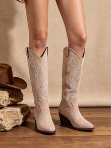 Cowgirl Outfits For Women Boots Khaki Knee High Pointed Toe Thick Heels Festival Shoes Fashion Country Concert Combat Boots For Women - Da lộn kaki - Xem 6
