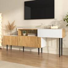 Modern TV Stand With Adjustable Length, 2-Piece Modular Design, Wood Look + Matte White, Black Metal Legs, Multifunctional Living Room Furniture. - Khaki - View 7