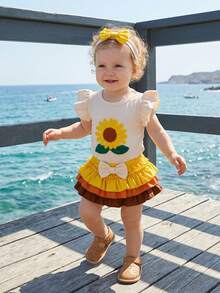 Baby Girls Shorts Set, Fly Sleeve Letters Print Romper Elastic Waist Shorts With Hairband Summer Outfit - Màu be - Xem 4